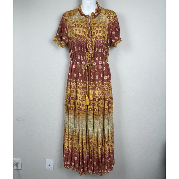 Free People Prairie Boho Dress S Rust Orange Ruffle Maxi Fairycore Cottagecore - Picture 1 of 12